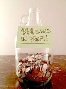 Money jar depicting savings on proofs